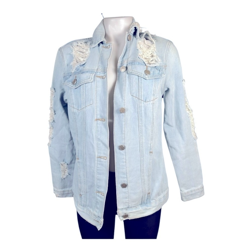 FASHION NOVA Distressed Light Blue Denim Jacket size XS oversized pre-loved - Picture 3 of 14